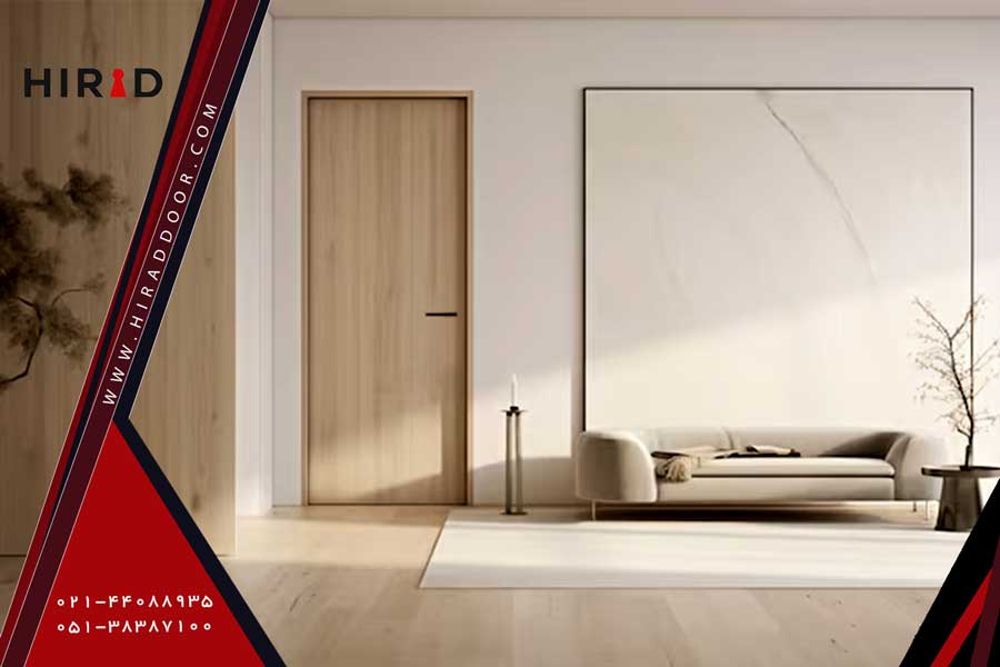 تصویر یک درب اتاقی کرم قهوه&zwnj;ای در ابعاد استاندارد در فضای داخلی یک منزل